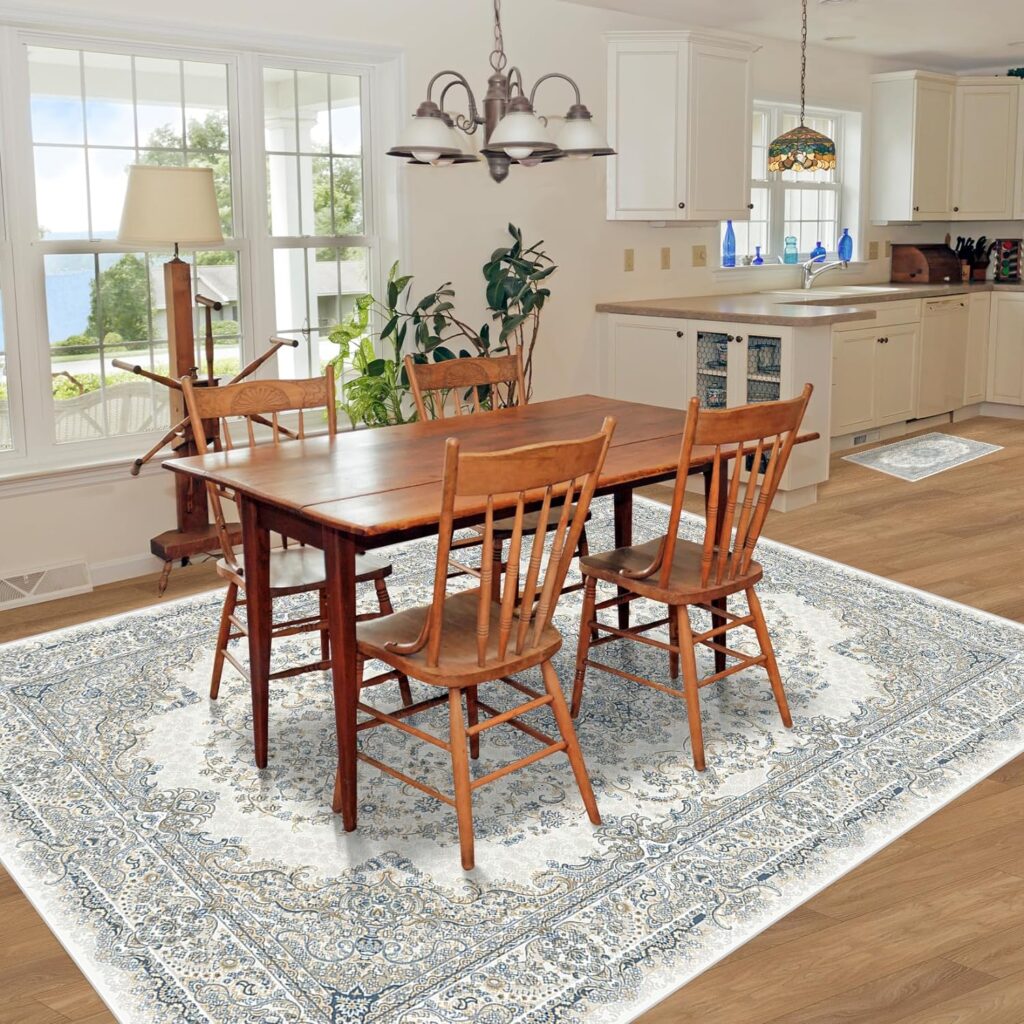 8x10 Area Rugs for Living Room: Large Machine Washable Area Rug with Non Slip Backing Neutral Farmhouse Rug Thin Floral Print Indoor Carpet for Under Dining Table Home Office Beige