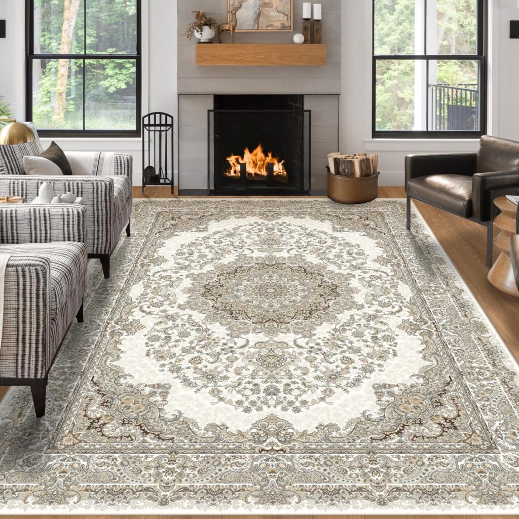 8x10 Area Rugs for Living Room: Large Machine Washable Area Rug with Non Slip Backing Neutral Farmhouse Rug Thin Floral Print Indoor Carpet for Under Dining Table Home Office Beige