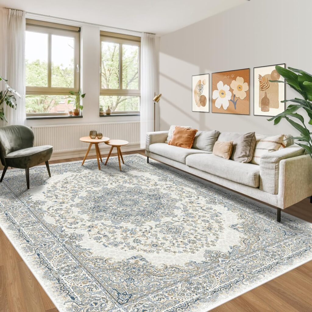 8x10 Area Rugs for Living Room: Large Machine Washable Area Rug with Non Slip Backing Neutral Farmhouse Rug Thin Floral Print Indoor Carpet for Under Dining Table Home Office Beige