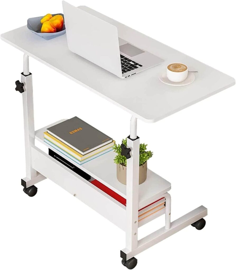 Adjustable Table Student Computer Portable Home Office Furniture Small Spaces Sofa Bedroom Bedside Desk Learn Play Game Desk on Wheels Movable with Storage Desk Size 31.5 * 15.7 Inch,White