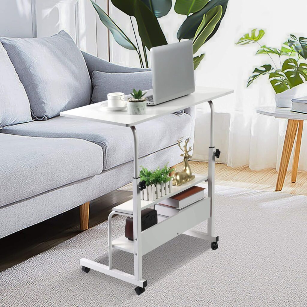 Adjustable Table Student Computer Portable Home Office Furniture Small Spaces Sofa Bedroom Bedside Desk Learn Play Game Desk on Wheels Movable with Storage Desk Size 31.5 * 15.7 Inch,White