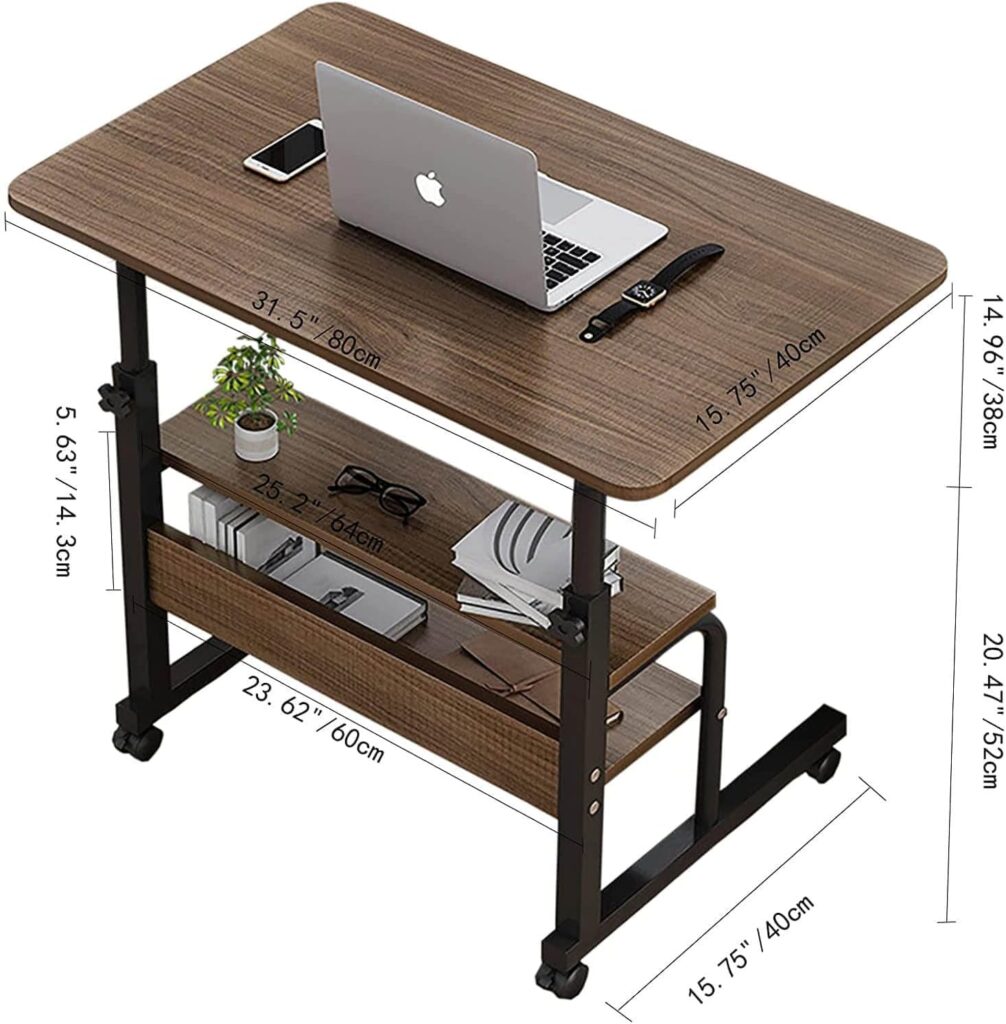 Adjustable Table Student Computer Portable Home Office Furniture Small Spaces Sofa Bedroom Bedside Desk Learn Play Game Desk on Wheels Movable with Storage Desk Size 31.5 * 15.7 Inch,White