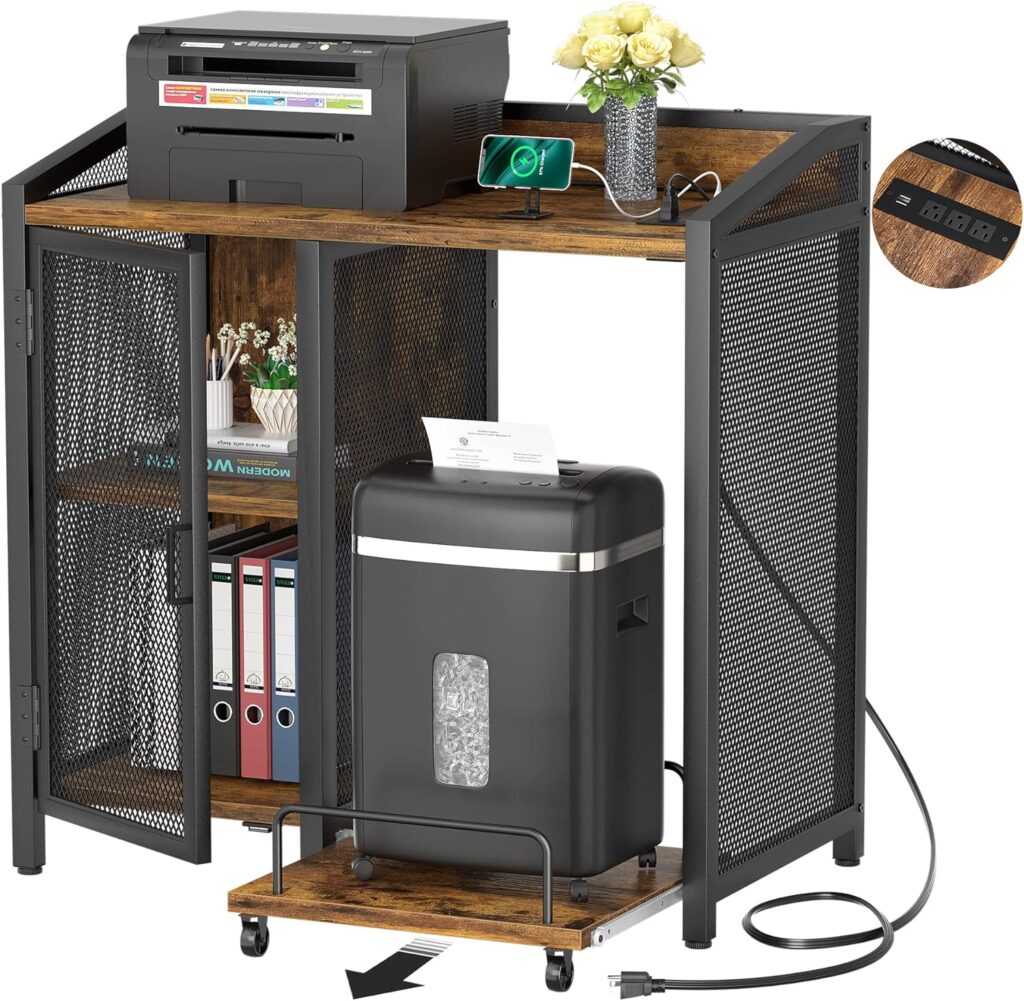 Amazon.com : Unikito 3-Tier Lateral Office Filing Cabinets with Socket and USB Charging Port, Modern Printer Stand and Paper Shredder Stand Rack with Wheels and Open Storage Shelves for Home Office, Rustic Brown : Office Products