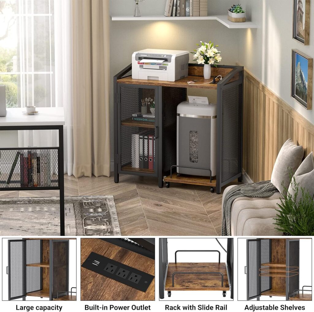 Amazon.com : Unikito 3-Tier Lateral Office Filing Cabinets with Socket and USB Charging Port, Modern Printer Stand and Paper Shredder Stand Rack with Wheels and Open Storage Shelves for Home Office, Rustic Brown : Office Products