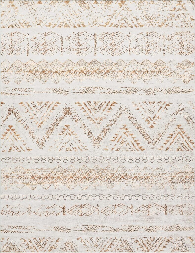 Area Rug Living Room Carpet: 8x10 Large Moroccan Soft Fluffy Geometric Washable Bedroom Rugs Dining Room Home Office Nursery Low Pile Decor Under Kitchen Table Light Brown/Ivory