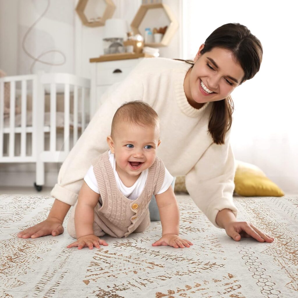 Area Rug Living Room Carpet: 8x10 Large Moroccan Soft Fluffy Geometric Washable Bedroom Rugs Dining Room Home Office Nursery Low Pile Decor Under Kitchen Table Light Brown/Ivory