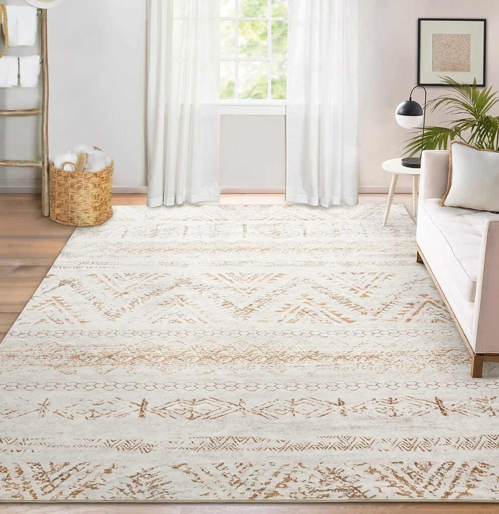 Area Rug Living Room Carpet: 8x10 Large Moroccan Soft Fluffy Geometric Washable Bedroom Rugs Dining Room Home Office Nursery Low Pile Decor Under Kitchen Table Light Brown/Ivory