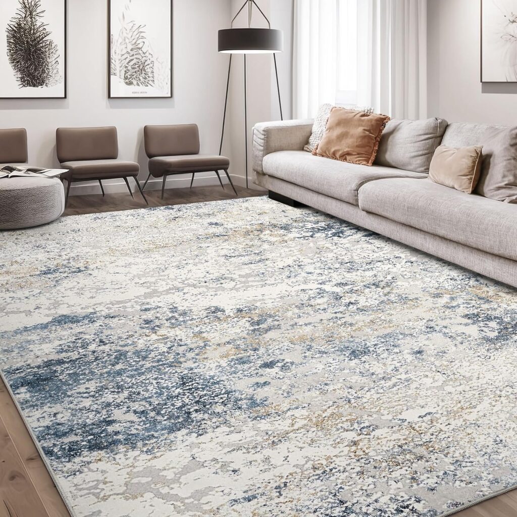 Area Rug Living Room Rugs - 8x10 Abstract Large Soft Indoor Washable Rug Neutral Modern Low Pile Carpet for Bedroom Dining Room Farmhouse Home Office - Beige Blue