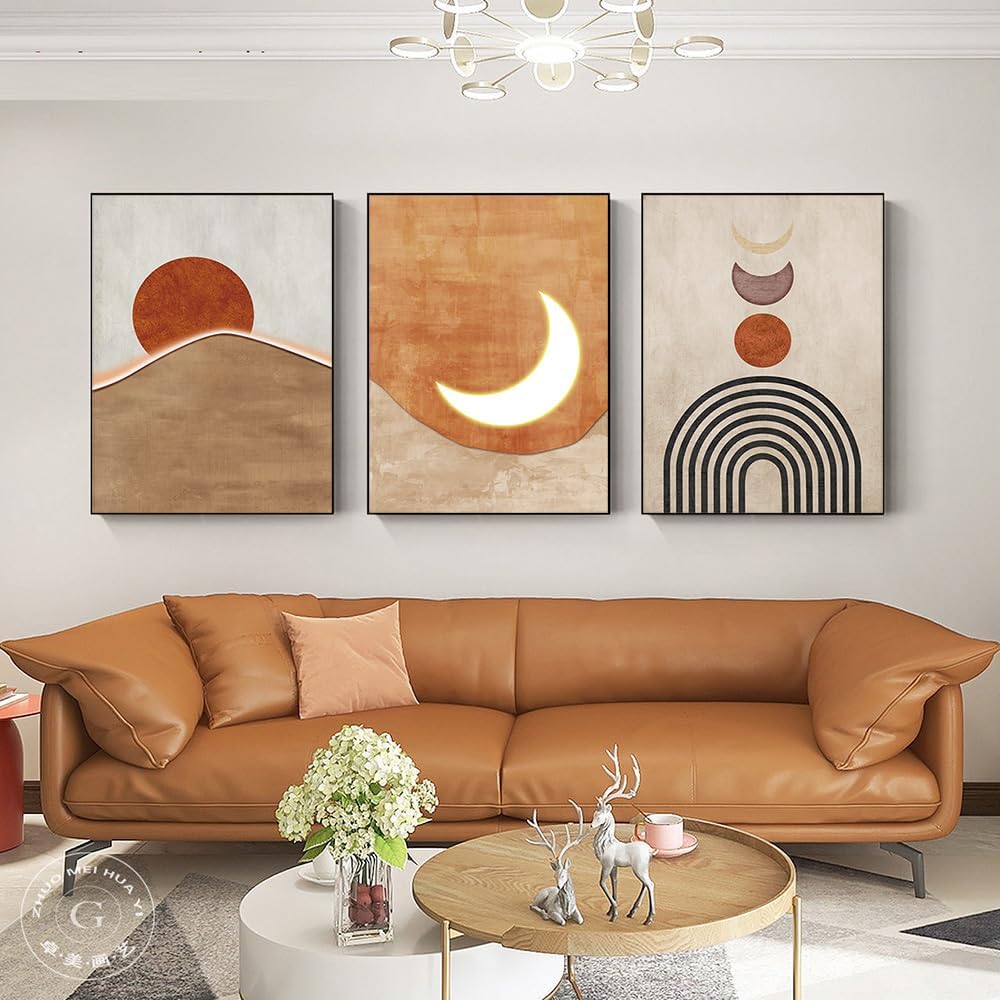 ARTKN Orange Minimalist Boho Wall Art,Mid Century Modern Wall Art,Geometry Neutral Abstract Art,Large Framed Wall Art for Living Room Bathroom Bedroom Wall Decor (Orange, 20 X 28 X 3 pieces)