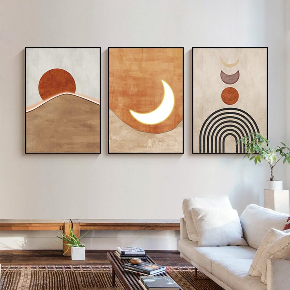 ARTKN Orange Minimalist Boho Wall Art,Mid Century Modern Wall Art,Geometry Neutral Abstract Art,Large Framed Wall Art for Living Room Bathroom Bedroom Wall Decor (Orange, 20 X 28 X 3 pieces)