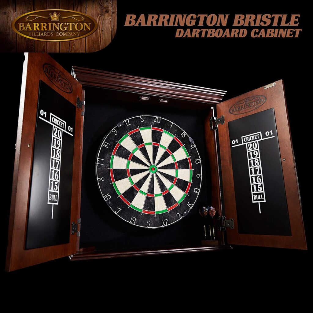 Barrington Dartboard Multiple Styles Pre-Assembled Wood Dartboard Cabinet Collection with 18” Bristle Dartboard  Steel Tip Dart Set, Perfect for Cricket Games