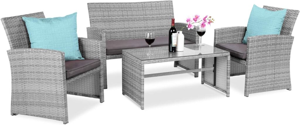 Best Choice Products 4-Piece Outdoor Wicker Patio Conversation Furniture Set for Backyard, Deck, Poolside w/Coffee Table, Seat Cushions - Gray Wicker/Gray Cushions