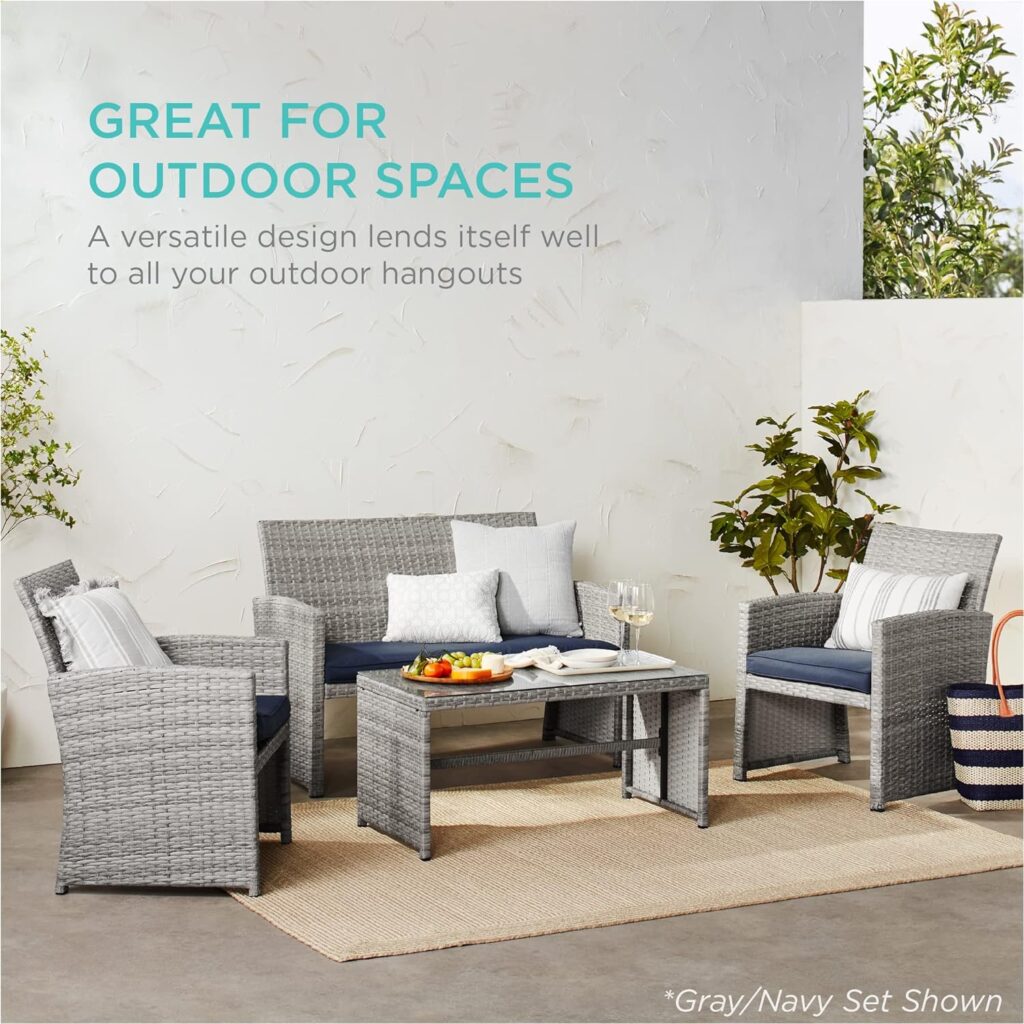 Best Choice Products 4-Piece Outdoor Wicker Patio Conversation Furniture Set for Backyard, Deck, Poolside w/Coffee Table, Seat Cushions - Gray Wicker/Gray Cushions