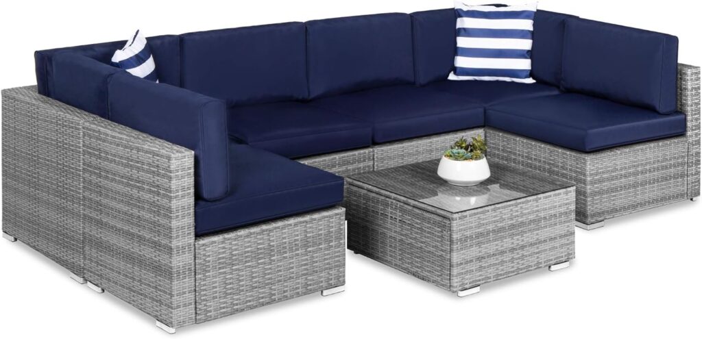 Best Choice Products 7-Piece Modular Outdoor Sectional Wicker Patio Furniture Conversation Sofa Set w/ 6 Chairs, 2 Pillows, Seat Clips, Coffee Table, Cover Included - Gray/Navy : Patio, Lawn  Garden