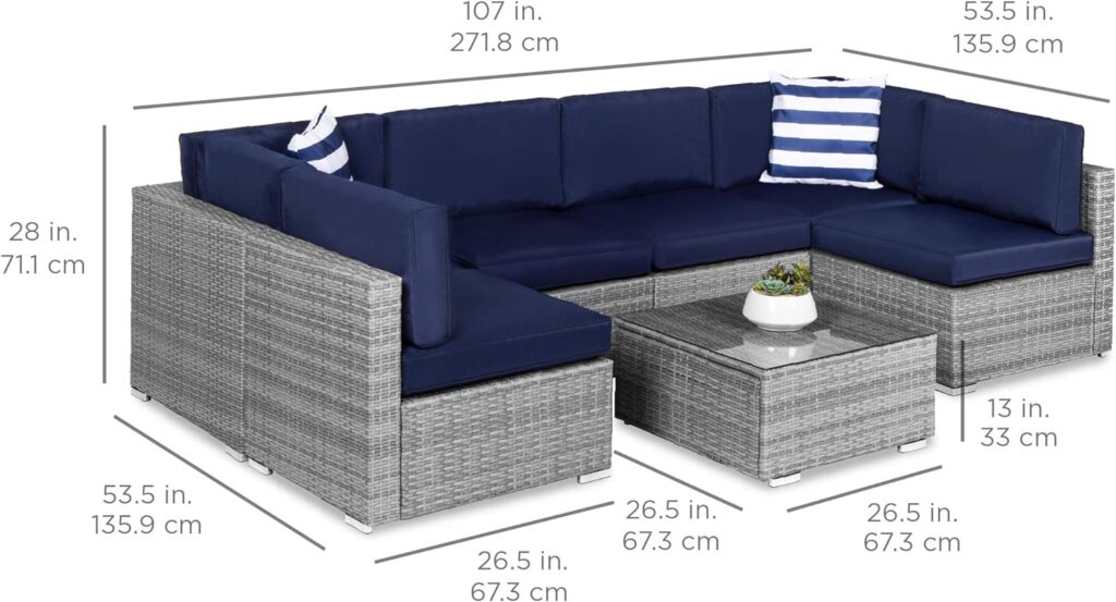 Best Choice Products 7-Piece Modular Outdoor Sectional Wicker Patio Furniture Conversation Sofa Set w/ 6 Chairs, 2 Pillows, Seat Clips, Coffee Table, Cover Included - Gray/Navy : Patio, Lawn  Garden