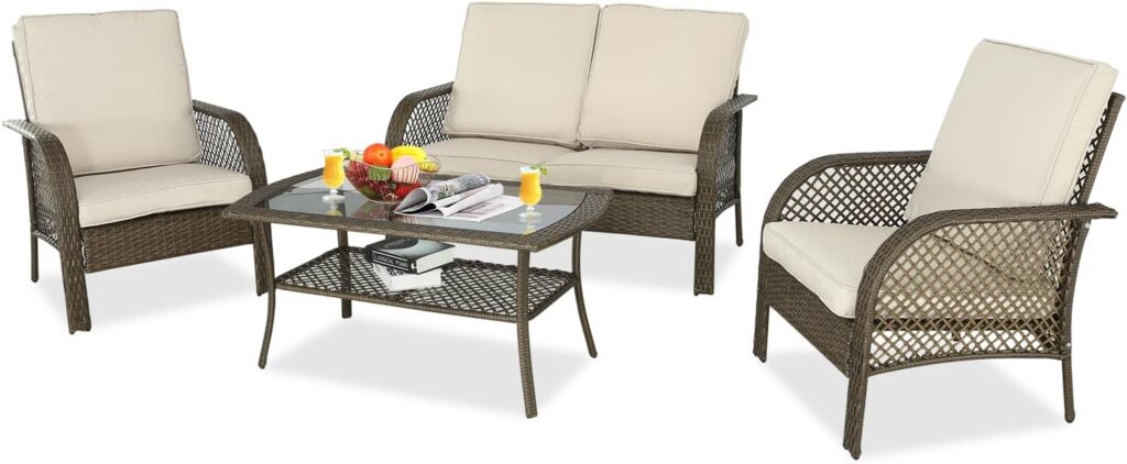 BPTD 4 Pieces Outdoor Furniture Set PE Wicker Ratten Chairs Set Conversation Set Balcony Furniture with Cushion and Table for Backyard, Garden, Porch and Poolside (Brown-Beige)