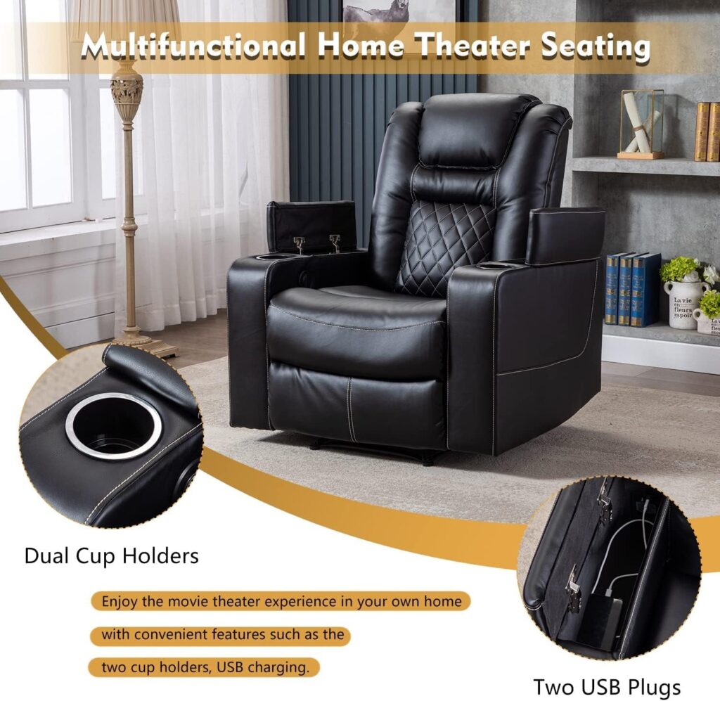 CANMOV Electric Recliner Chairs Set of 2, Power Recliner Chairs with USB Ports and Cup Holders, Breathable Leather Home Theater Seating with Hidden Arm Storage, Black