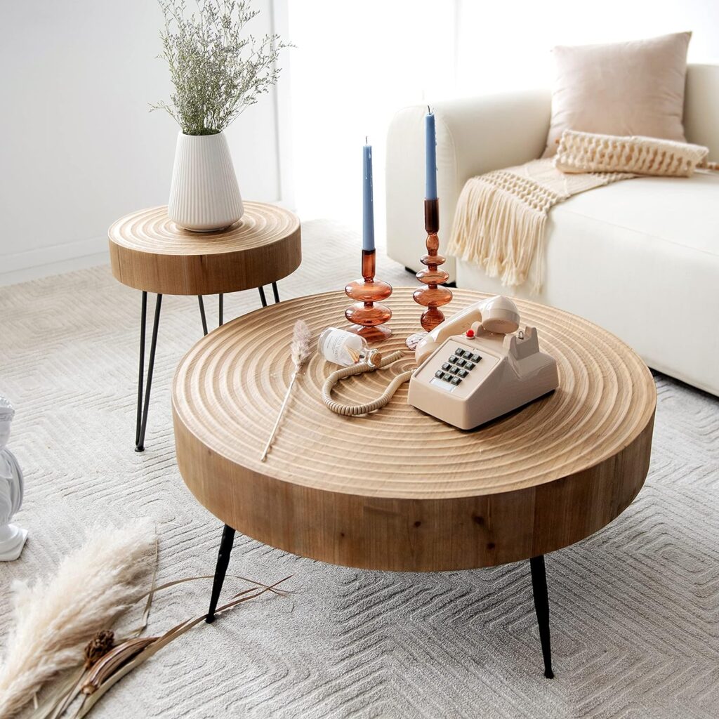 COZAYH 2-Piece Modern Farmhouse Living Room Coffee Table Set, Nesting Table Round Natural Finish with Handcrafted Wood Radial Pattern