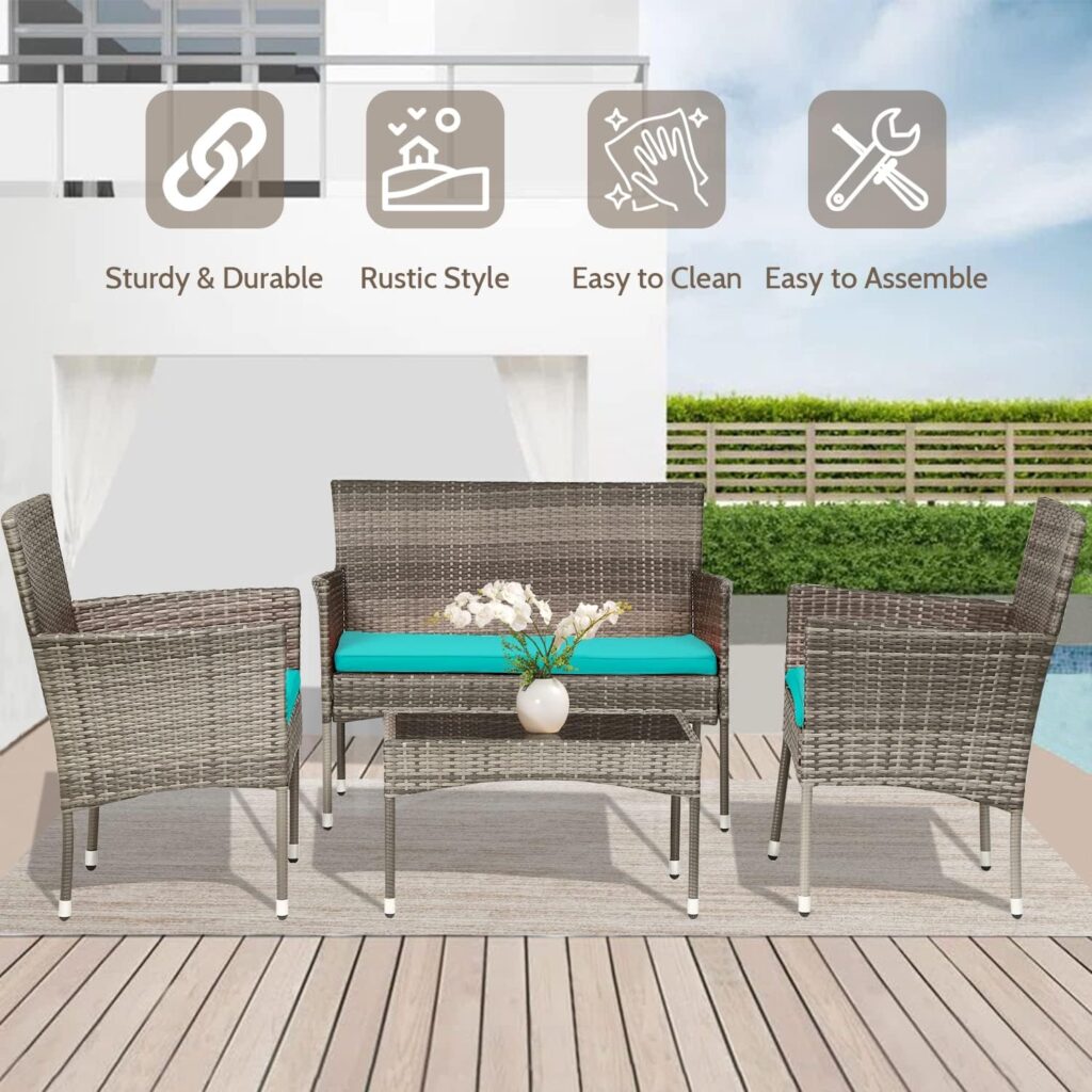 FDW Patio Furniture Set 4 Pieces Outdoor Rattan Chair Wicker Sofa Garden Conversation Bistro Sets for Yard,Pool or Backyard