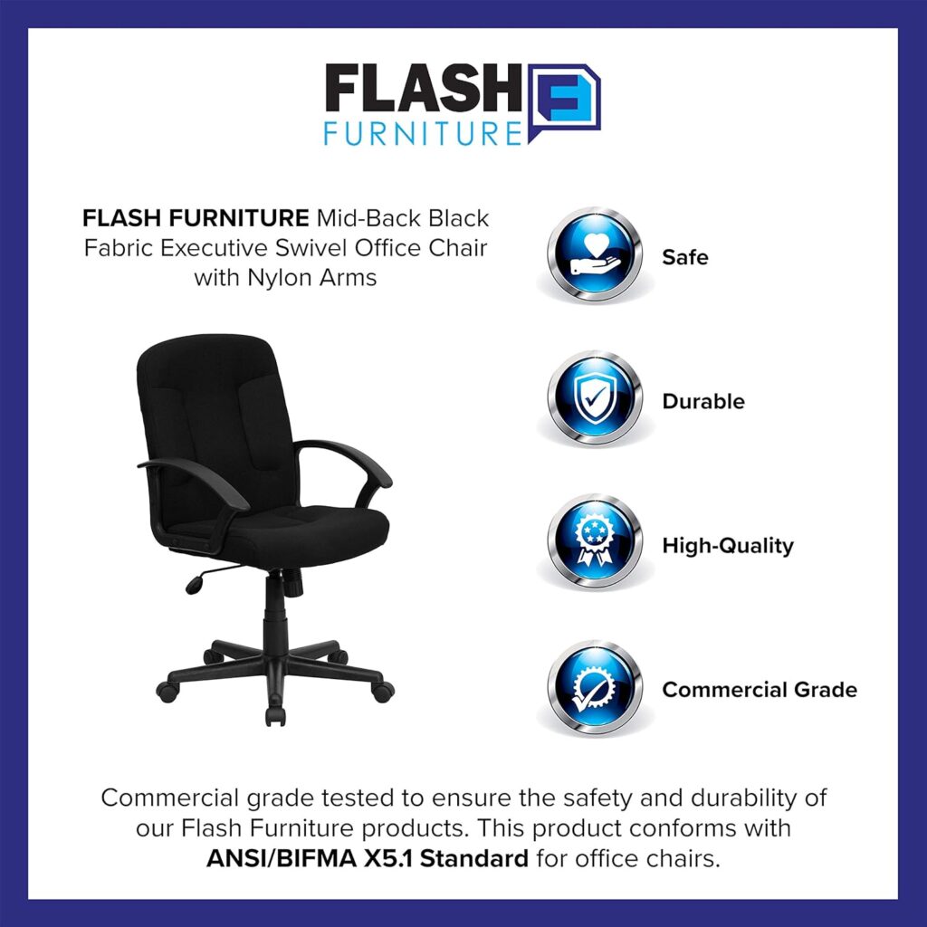 Flash Furniture Garver Mid-Back Black Fabric Executive Swivel Office Chair with Nylon Arms