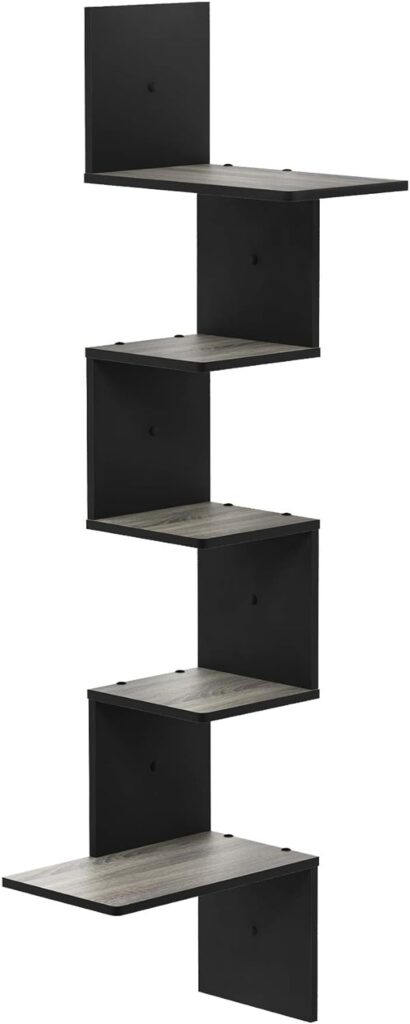 Furinno Rossi Wall Mounted Shelves, 5-Tier Rectangle, French Oak Grey/Black