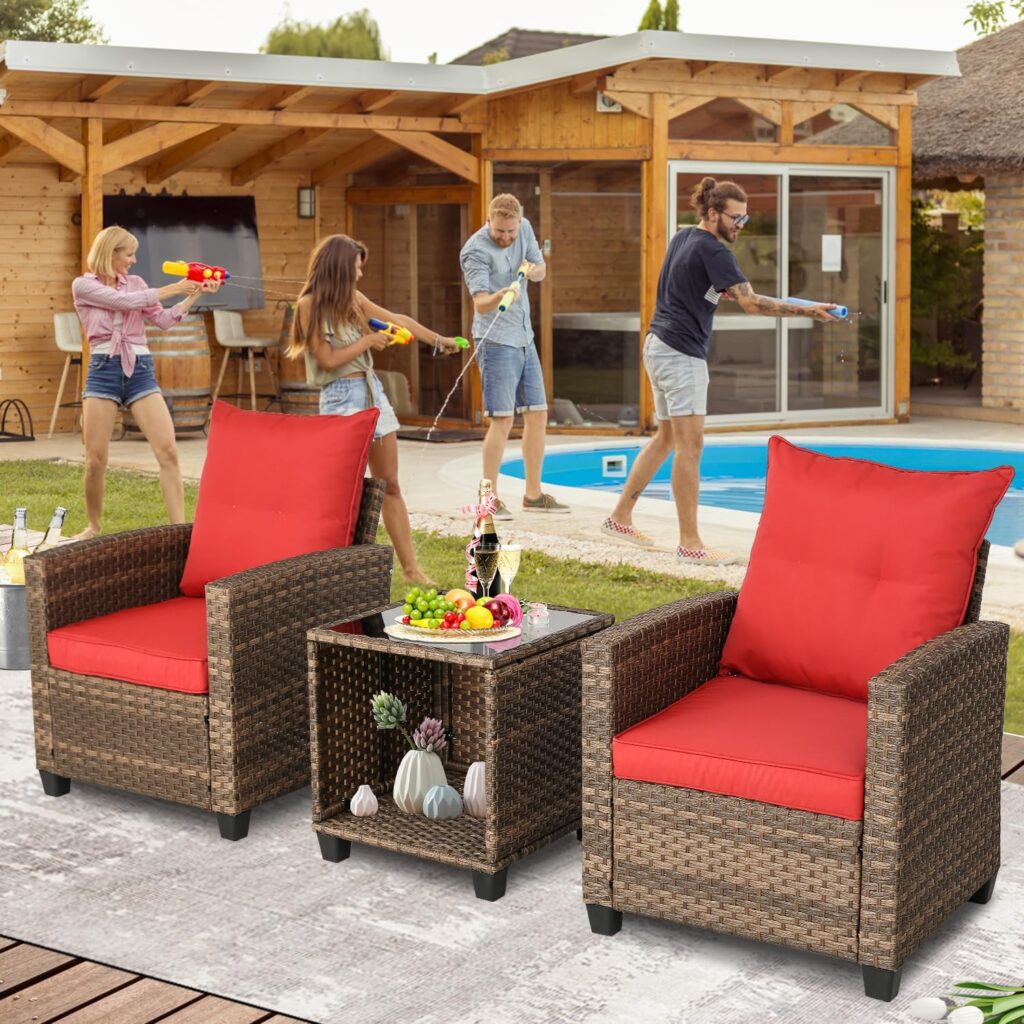 Furnimy 6 Pieces Patio Furniture Set Rattan Outdoor Sectional Conversation Sets 3-Seat Outdoor Couch,2 Single Chair 1 Loveseat and 2 Ottoman for Lawn, Balcony, Garden, Backyard(Brown-Navy Blue)