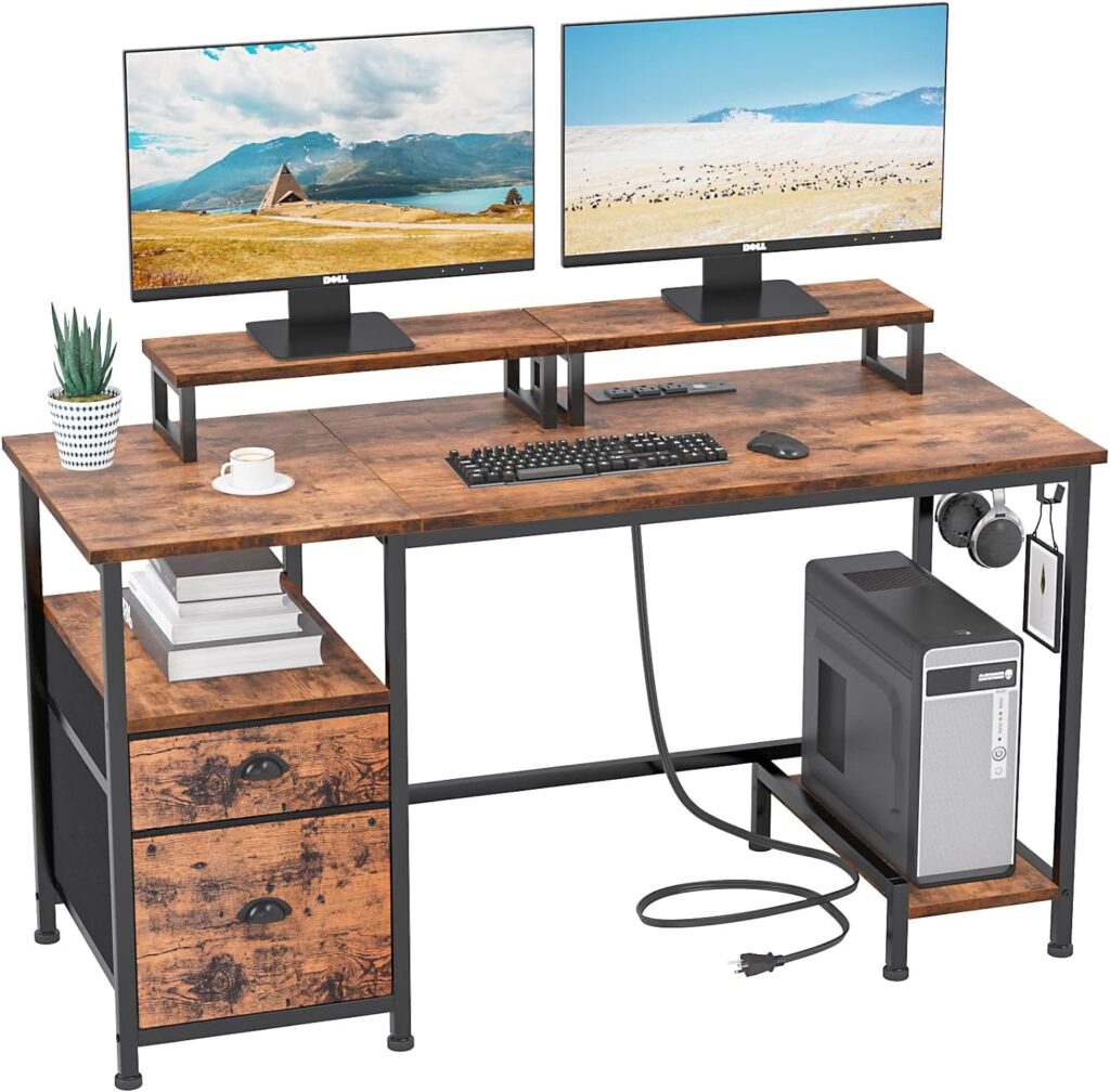 Furologee Computer Desk with Drawer and Power Outlets, 47 Office Desk with 2 Monitor Stands and Fabric File Cabinet, Writing Gaming Table with Shelves and 2 Hooks for Home Office, Rustic Brown