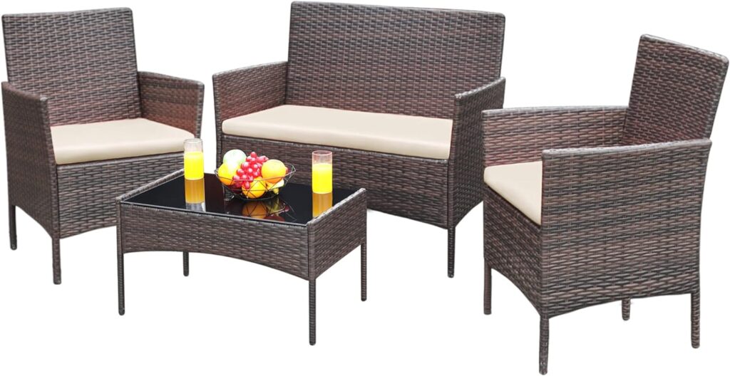 Greesum Patio Furniture 4 Pieces Conversation Sets Outdoor Wicker Rattan Chairs Garden Backyard Balcony Porch Poolside loveseat with Soft Cushion and Glass Table, Brown and Beige