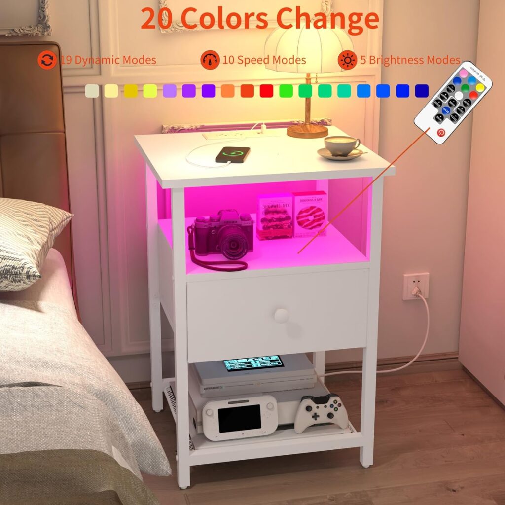 HDDDZSW LED Nightstands Set of 2 with Charging Station, Bedside Tables with USB Ports and Outlets, End Table with Fabric-Wood 2-in-1 Drawer for Small Spaces, White Side Table for Bedroom, Living Room