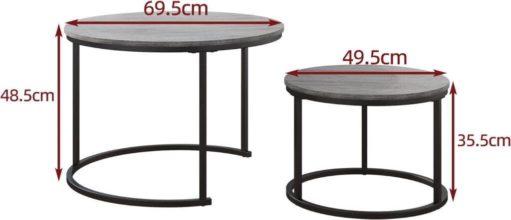 HOJINLINERO Industrial Round Coffee Table Set of 2 End Table for Living Room,Stacking Side Tables, Sturdy and Easy Assembly,Wood Look Accent Furniture with Metal Frame,Black+Rustic Brown