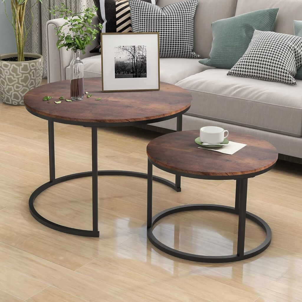 HOJINLINERO Industrial Round Coffee Table Set of 2 End Table for Living Room,Stacking Side Tables, Sturdy and Easy Assembly,Wood Look Accent Furniture with Metal Frame,Black+Rustic Brown