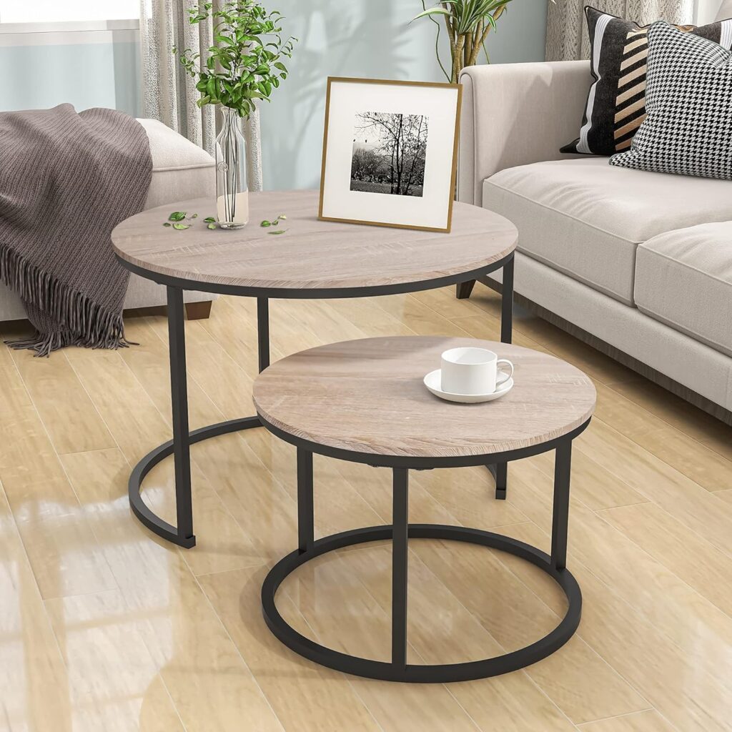 HOJINLINERO Industrial Round Coffee Table Set of 2 End Table for Living Room,Stacking Side Tables, Sturdy and Easy Assembly,Wood Look Accent Furniture with Metal Frame,Black+Rustic Brown