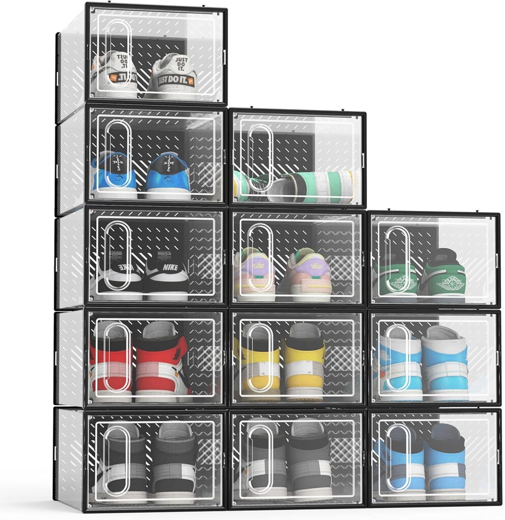 Hrrsaki XX-Large 12 Pack Shoe Storage Boxes, Shoe Boxes Clear Plastic Stackable, Shoe Organizer Boxes with Lids, Shoe Container Boxes for Closet, Black : Home  Kitchen