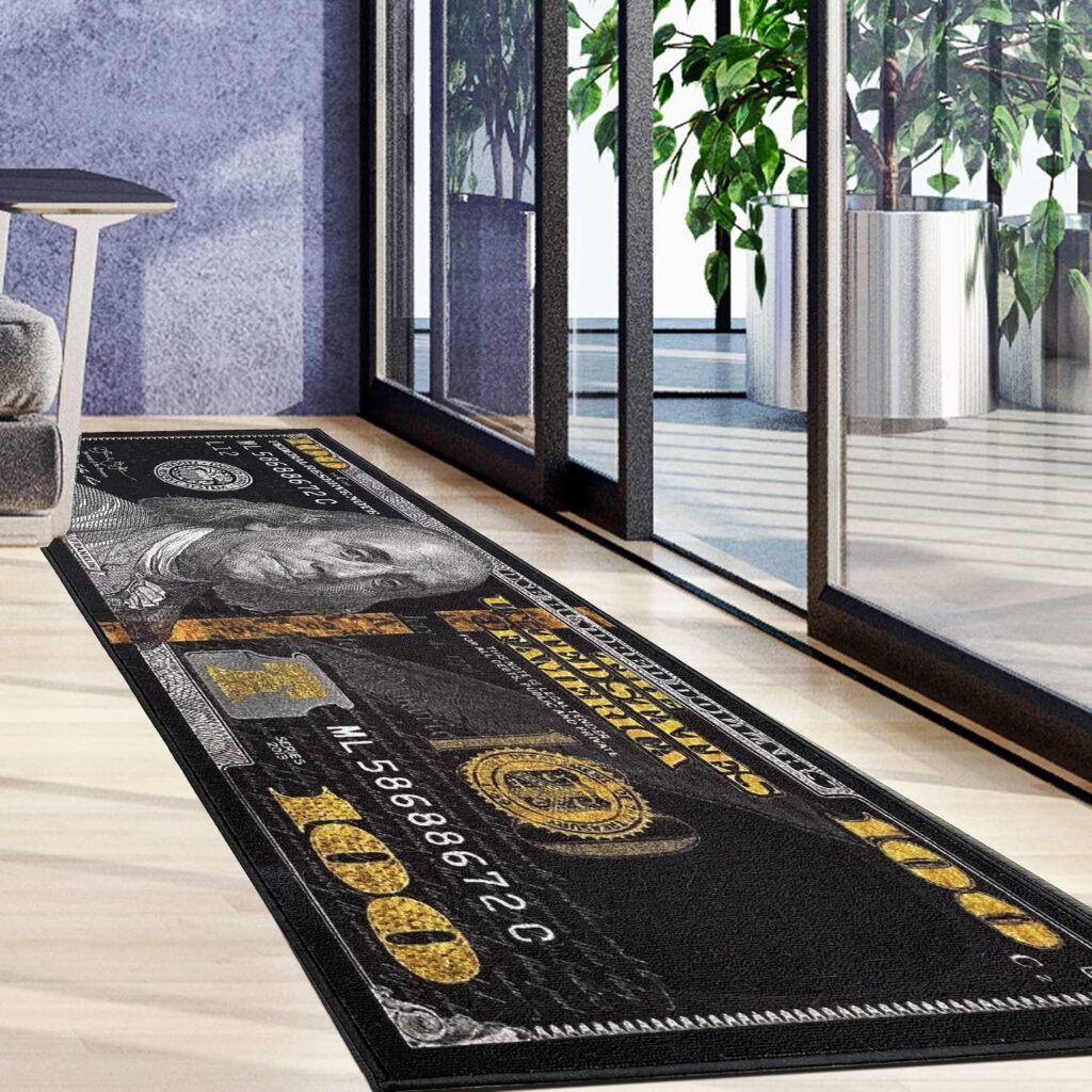 HUAHOO Black Money Rugs 100 Dollar Bill Area Rug Door Mat Runner for Living Room Bedroom Indoor Outdoor Rug 22 x 53