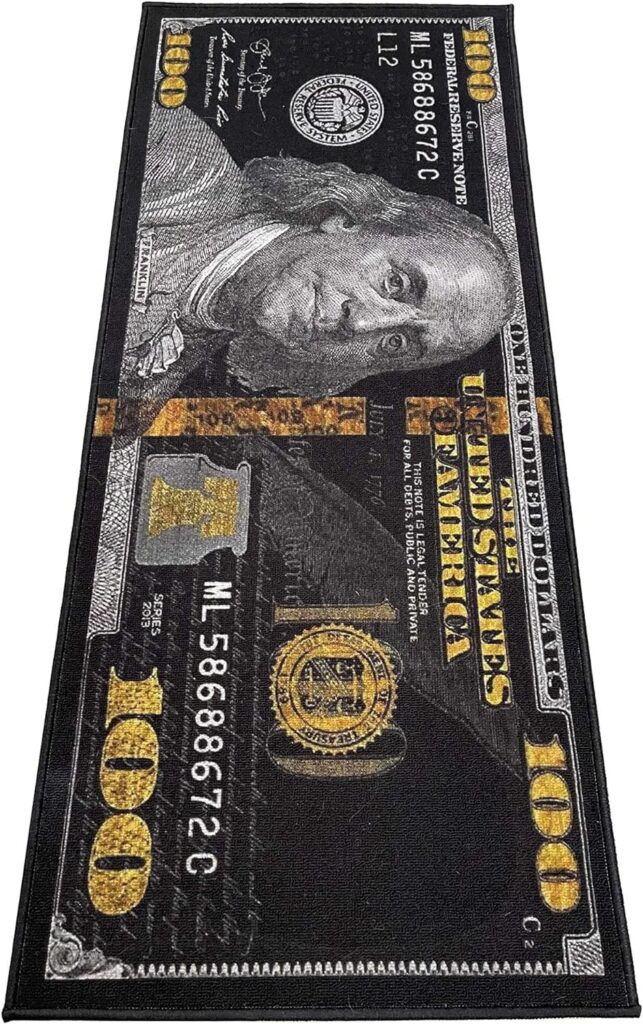 HUAHOO Black Money Rugs 100 Dollar Bill Area Rug Door Mat Runner for Living Room Bedroom Indoor Outdoor Rug 22 x 53