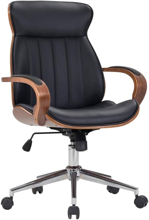 IDS Home Contemporary Walnut Wood Executive Swivel Ergonomic with Arms Office Furniture Bentwood Mid Back Desk Chair, Black