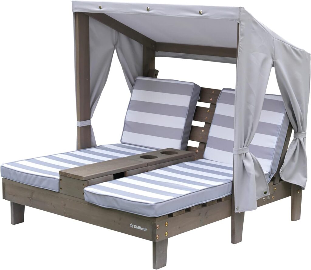 KidKraft Wooden Outdoor Double Chaise Lounge with Cup Holders and Cushions, Kids Patio Furniture, Gray, Gift for Ages 3-8, Grey