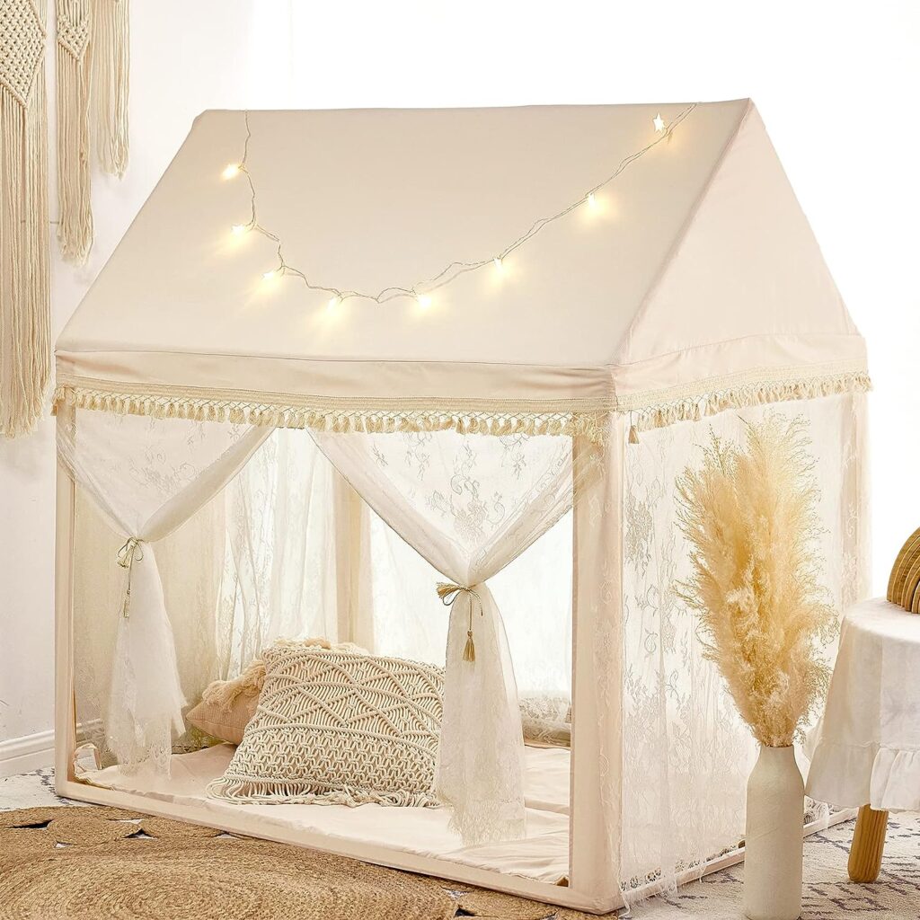 Kids Play Tent Large Playhouse with Mat/Star Light/Star Garland/Tassel Macrame Boho Style IndoorOutdoor Play Tent for Kids, Neutral Color, 52x35x52, Lace Tassel