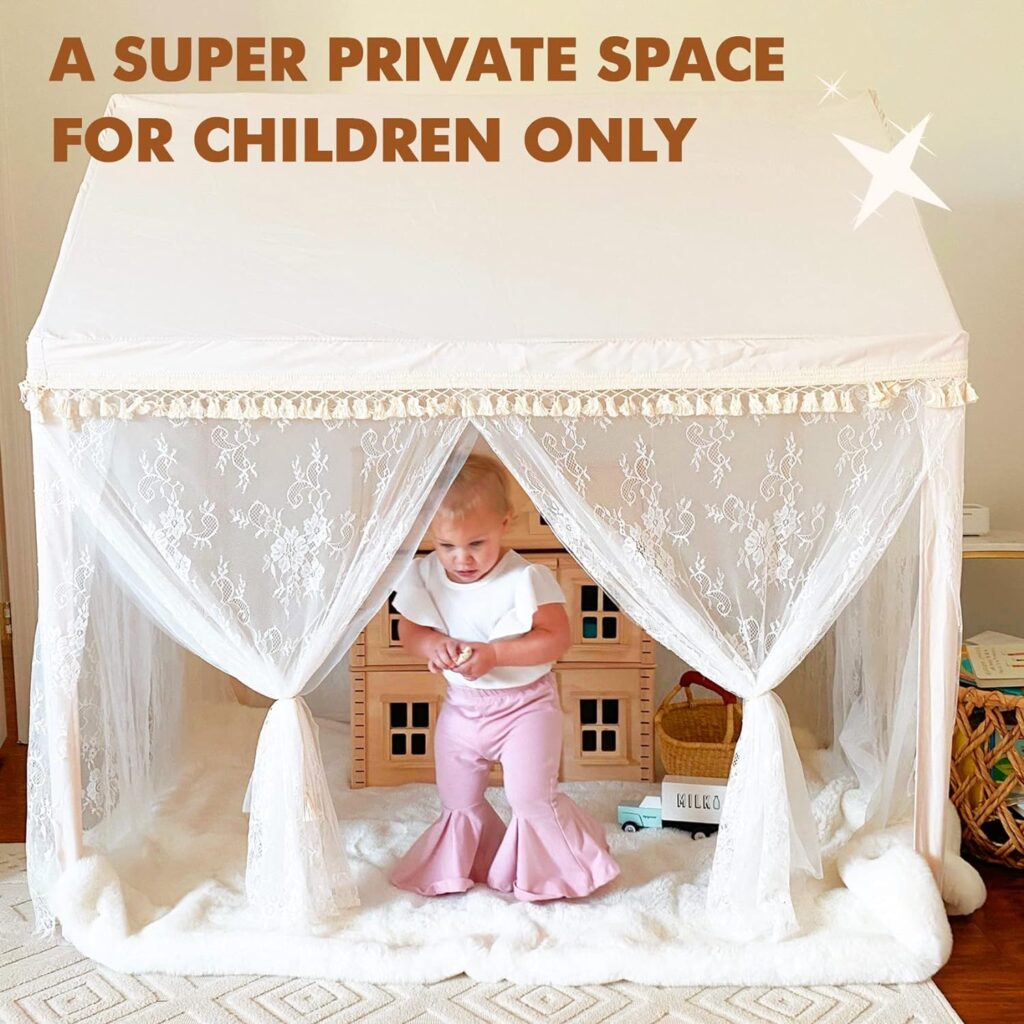 Kids Play Tent Large Playhouse with Mat/Star Light/Star Garland/Tassel Macrame Boho Style IndoorOutdoor Play Tent for Kids, Neutral Color, 52x35x52, Lace Tassel