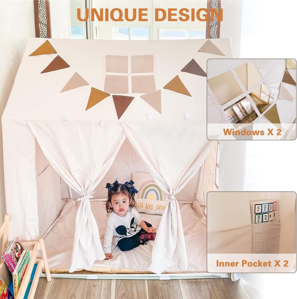 Kids Play Tent Large Playhouse with Mat/Star Light/Star Garland/Tassel Macrame Boho Style IndoorOutdoor Play Tent for Kids, Neutral Color, 52x35x52, Lace Tassel