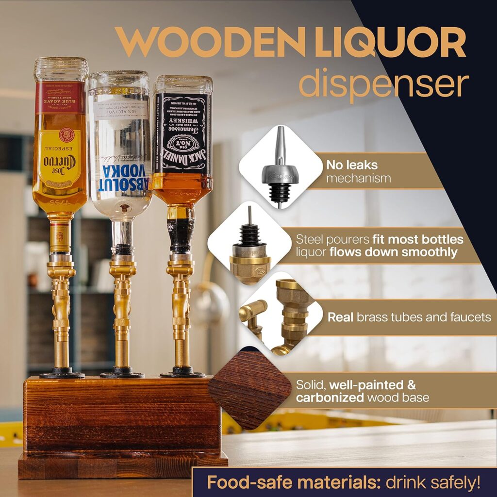 KONELCARE Wood Liquor Dispenser-Solid Base Real Brass, Leakproof,Smooth Pouring Dispenser for Home Bar- Fathers Day Alcohol Gifts for Men