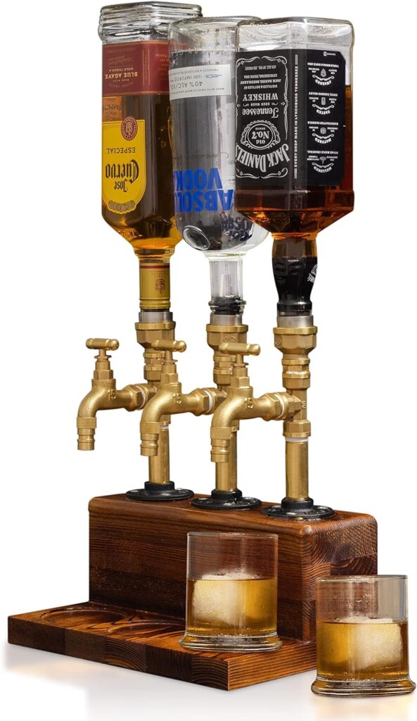 KONELCARE Wood Liquor Dispenser-Solid Base Real Brass, Leakproof,Smooth Pouring Dispenser for Home Bar- Fathers Day Alcohol Gifts for Men