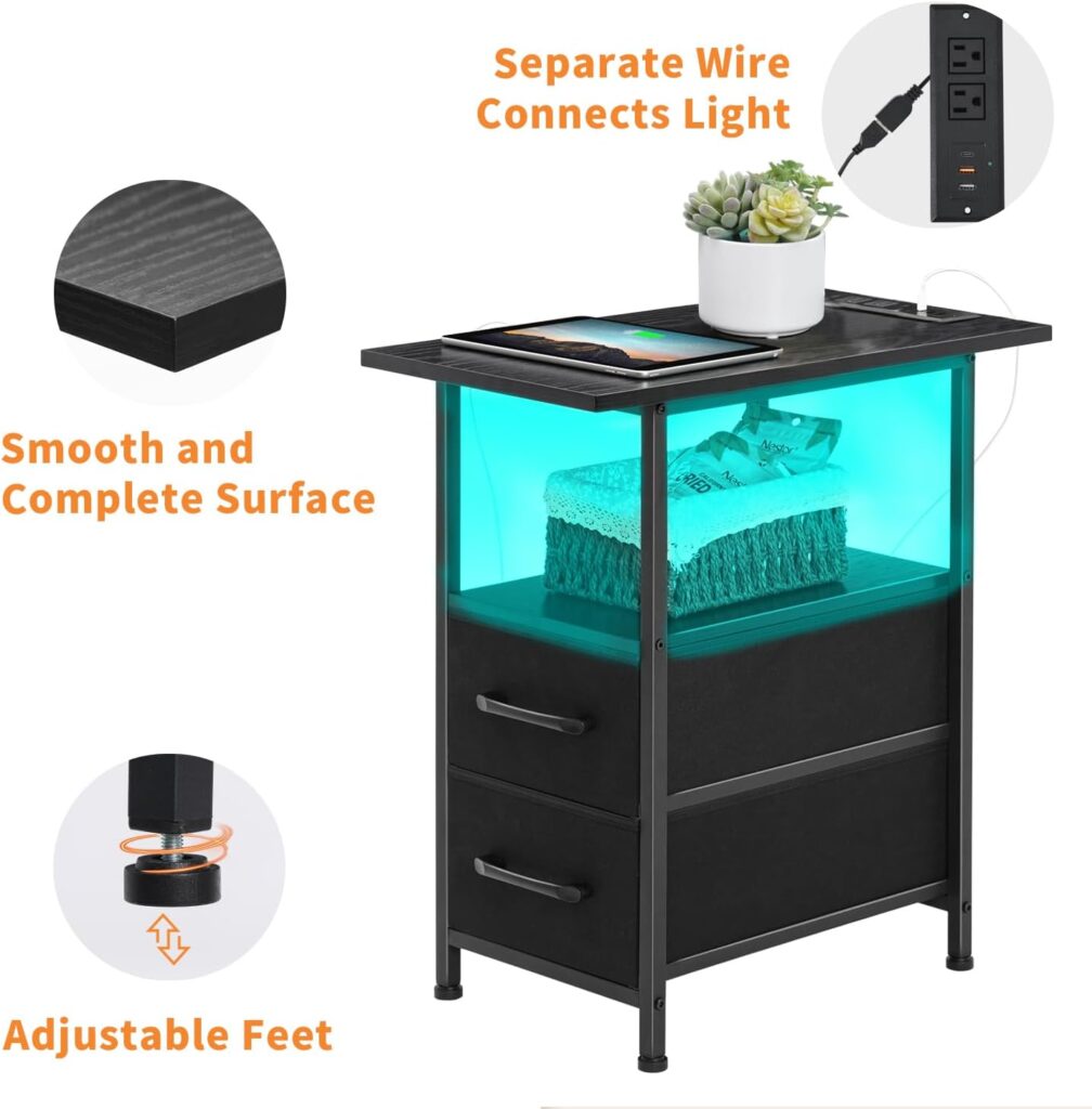 LAKEMID End Table Set of 2 with Charging Station, Narrow Side Table with LED Light Strip for Small Spaces, Bedside Nightstands with 2 Shelves and 2 Fabric Drawers for Living Room, Bedroom, Black