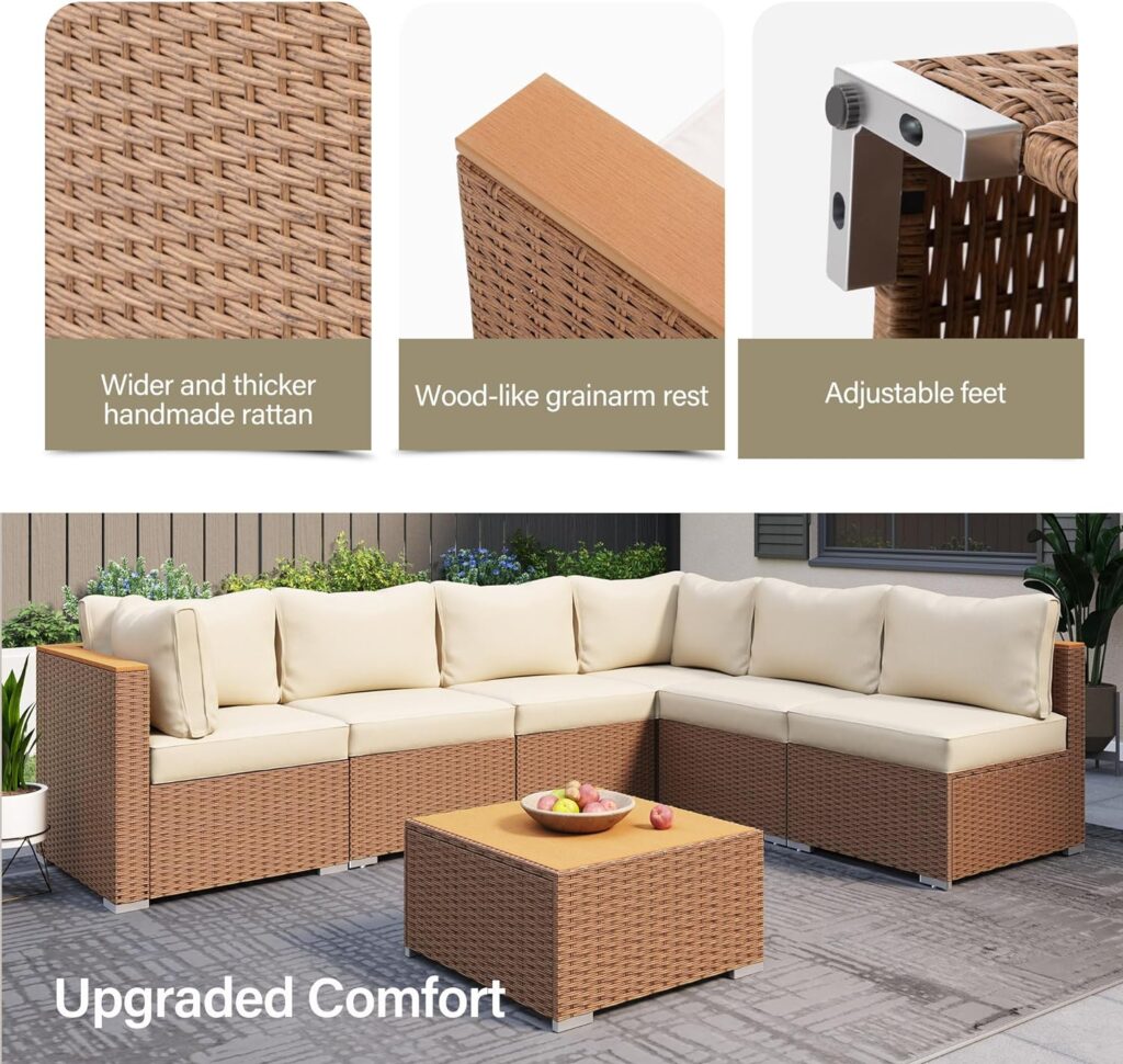 LAUSAINT HOME Patio Conversation Set, 7 Pieces Outdoor Sectional Sofa Set, All Weather Patio Furniture Set with Thick Cushions  Wood-Like Coffee Table for Garden, Porch Backyard (Beige)