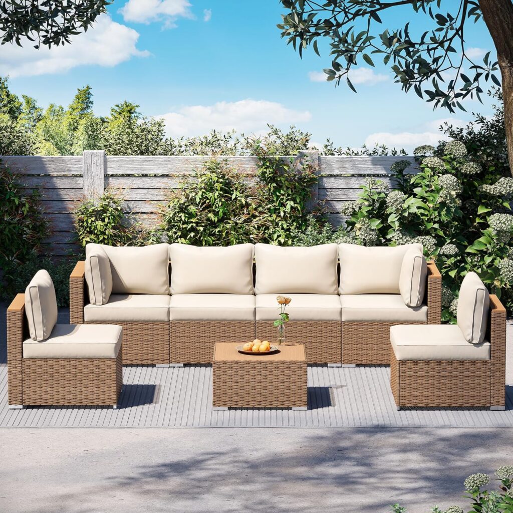LAUSAINT HOME Patio Conversation Set, 7 Pieces Outdoor Sectional Sofa Set, All Weather Patio Furniture Set with Thick Cushions  Wood-Like Coffee Table for Garden, Porch Backyard (Beige)