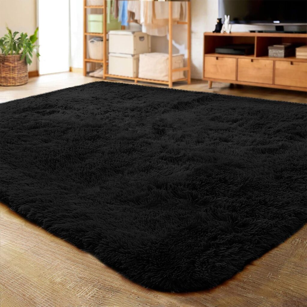 LOCHAS Ultra Soft Indoor Modern Area Rugs Fluffy Living Room Carpets for Children Bedroom Home Decor Nursery Rug 4x5.3 Feet, Black