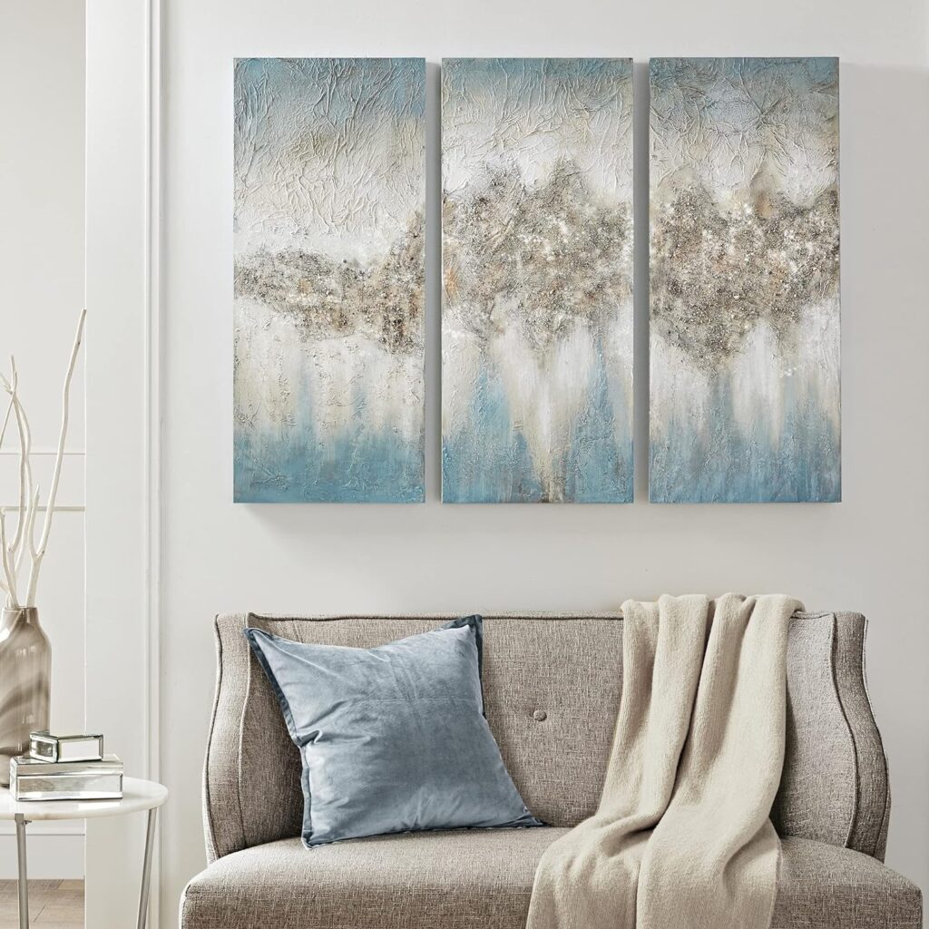 Madison Park Wall Art Living Room Décor - Embellished Hand Painted Canvas, Home Accent Glitter Abstract Bathroom Decoration Ready to Hang Painting for Bedroom, 15 W x 35 H x 1.5 D, Taupe 3 Piece