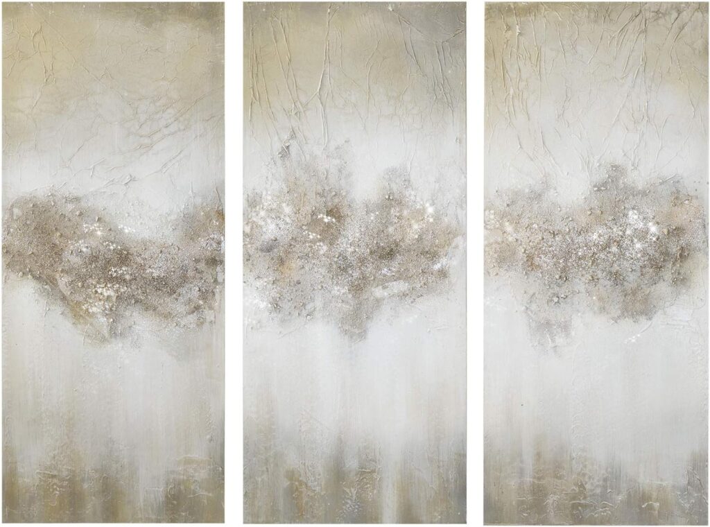 Madison Park Wall Art Living Room Décor - Embellished Hand Painted Canvas, Home Accent Glitter Abstract Bathroom Decoration Ready to Hang Painting for Bedroom, 15 W x 35 H x 1.5 D, Taupe 3 Piece