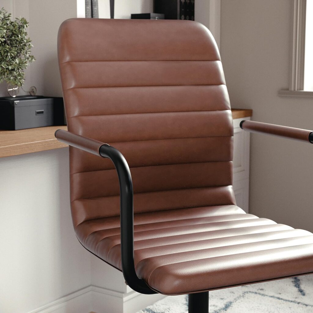 Martha Stewart Taytum Swivel Task Chair with Armrests for Home Office in Saddle Brown Faux Leather with Oil Rubbed Bronze Frame