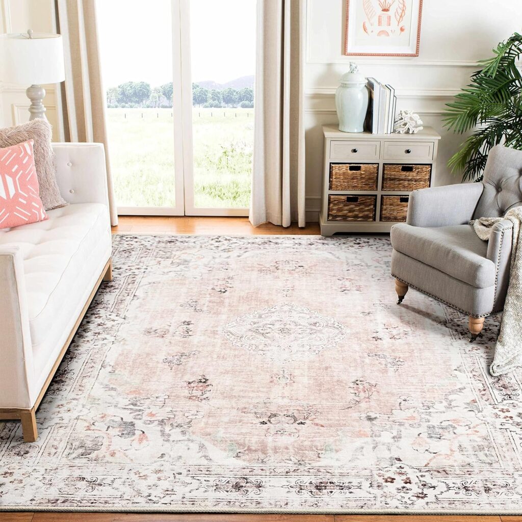 MUJOO Pink Rug 6x9 Area Rugs for Living Room Washable Rugs Large Boho Carpet for Bedroom Dining Room Neutral Vintage Farmhouse Abstract Non Slip Soft Low-Pile Floral Flowers